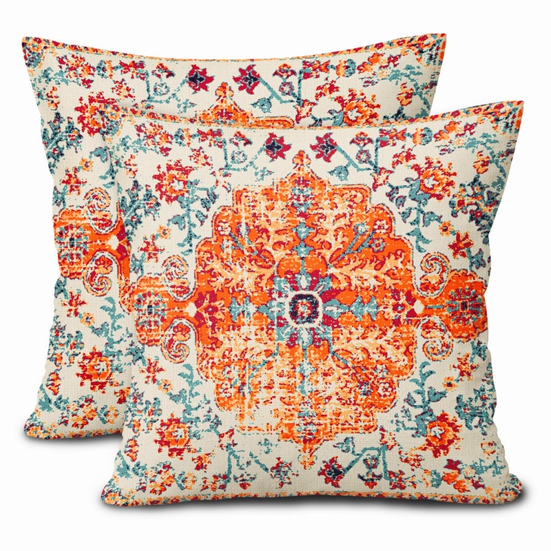 Orange Blue Ethnic Boho Pillow Covers 18X18 Inch Bohemian Carpet Vintage Couch Pillow Cases Rust Coral Floral Throw Pillows Set of 2 Rustic Home Decor for Living Room Bedroom Bed Cushion Outdoor
