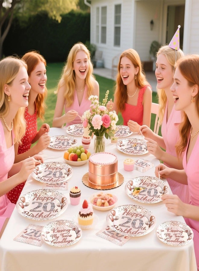 Grencian 96 Pcs 20th Birthday Party Supplies for Girls Rose Gold 20 Years Old Paper Plates and Napkins Tableware Set 20th Birthday Decorations for Girls Twenty Years Old Graduation Party Serves 24 - Image 3
