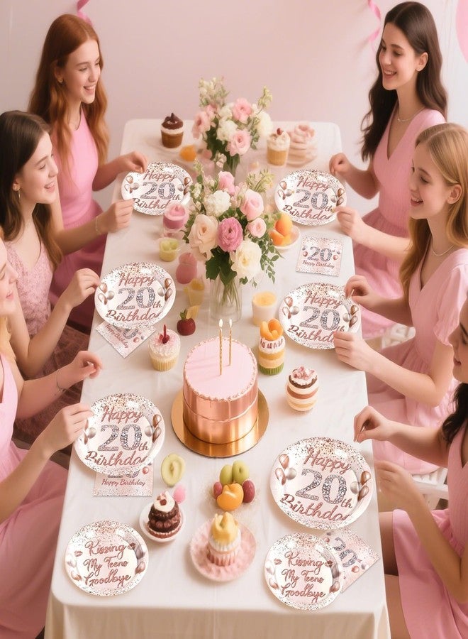 Grencian 96 Pcs 20th Birthday Party Supplies for Girls Rose Gold 20 Years Old Paper Plates and Napkins Tableware Set 20th Birthday Decorations for Girls Twenty Years Old Graduation Party Serves 24 - Image 2