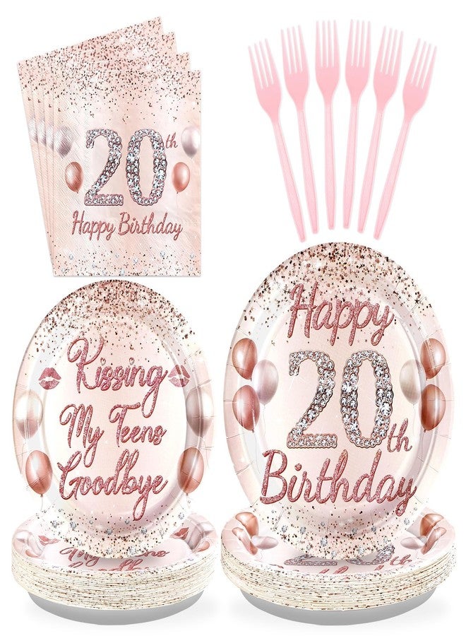 Grencian 96 Pcs 20th Birthday Party Supplies for Girls Rose Gold 20 Years Old Paper Plates and Napkins Tableware Set 20th Birthday Decorations for Girls Twenty Years Old Graduation Party Serves 24 - Image 1