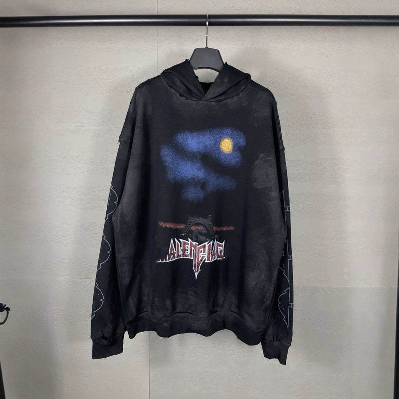 Authentic Parisian Fashion Brand B'S Cola Embroidered Flame Letter Logo Distressed Print Hooded Long-Sleeve Sweatshirt - Image 5