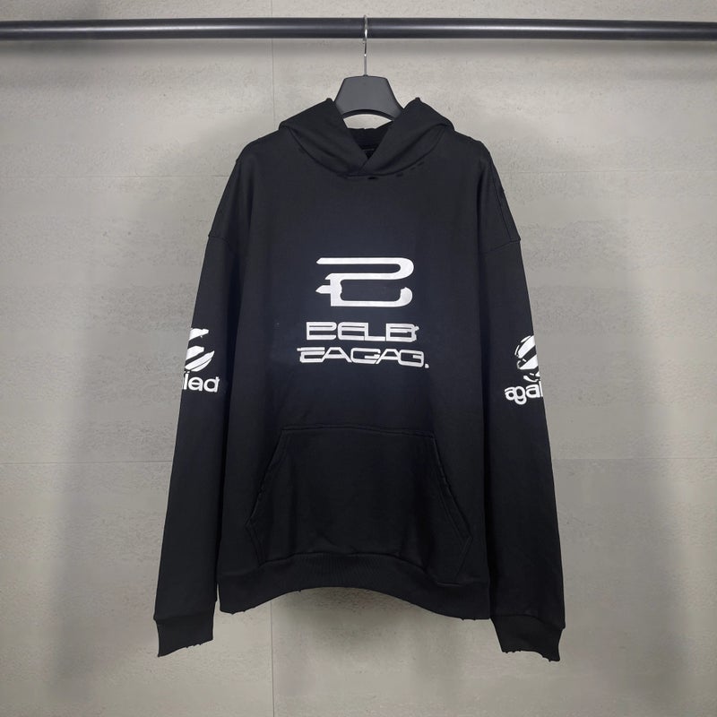 Authentic Parisian Fashion Brand B'S Cola Embroidered Flame Letter Logo Distressed Print Hooded Long-Sleeve Sweatshirt - Image 4