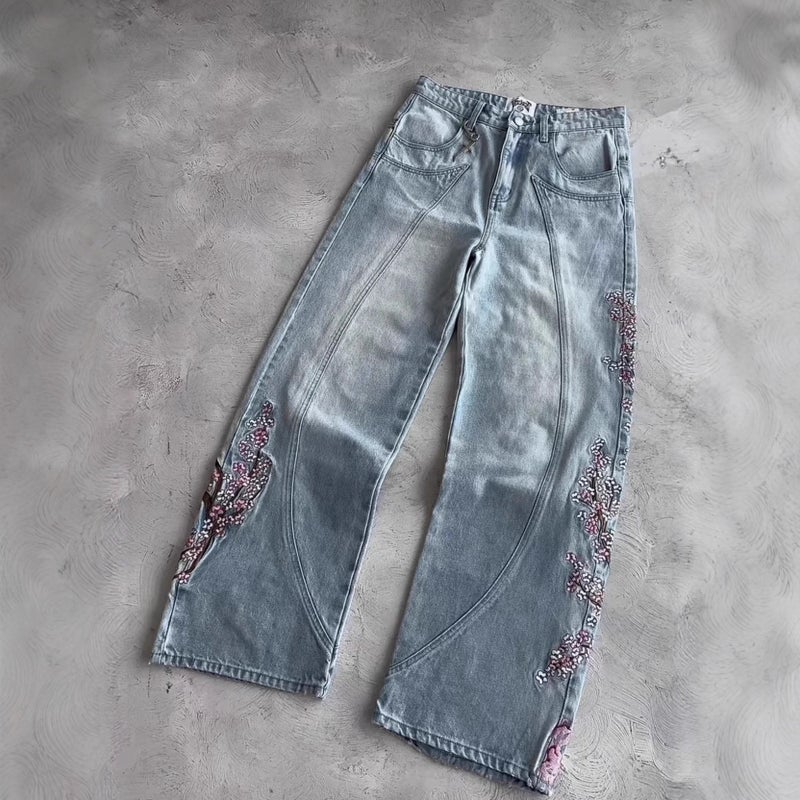 general Vescartes Vintage Wide Leg Cherry Blossom Embroidery Jeans for Men and Women - Image 1