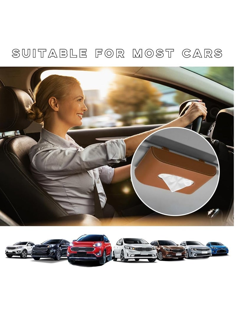 MUMO Car Tissue Holder, Leather Sun Visor Napkin Dispenser, Rectangular Paper Carton Mask Holder with Tissue Refill, Universal Car Accessories for Hanging Paper Towel Clip (Brown) - Image 3