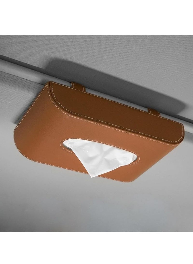 MUMO Car Tissue Holder, Leather Sun Visor Napkin Dispenser, Rectangular Paper Carton Mask Holder with Tissue Refill, Universal Car Accessories for Hanging Paper Towel Clip (Brown) - Image 1