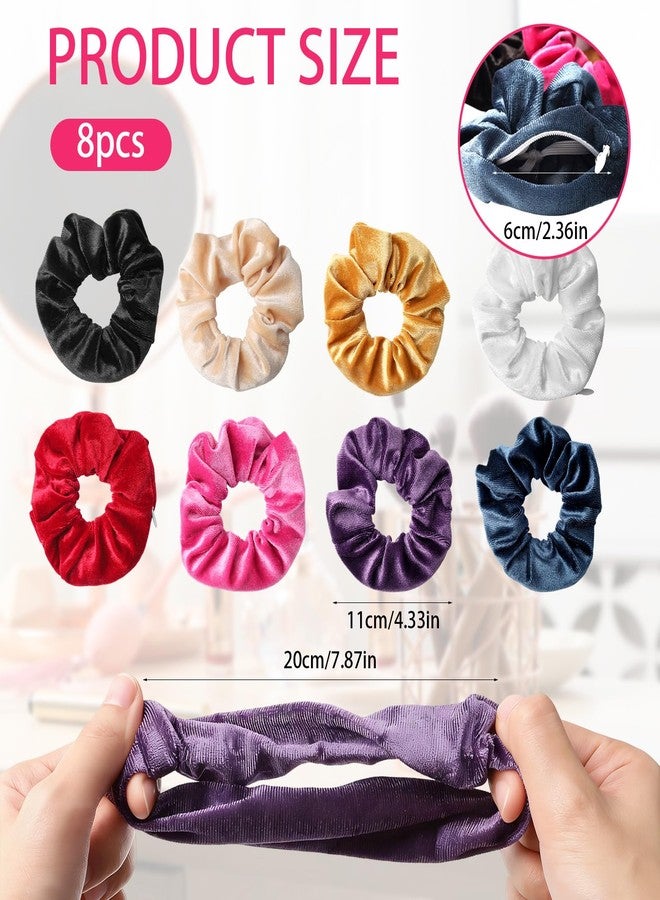 LUSTRIB 8 Pcs Multicolor Scrunchie with Zipper Pocket, Secret Pocket Ponytail Holder for Small Items, Elastic Velvet Hair Ties Bracelet with Hidden Storage for Keys Money Little Things (8 Colors) - Image 2