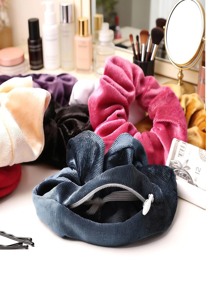 LUSTRIB 8 Pcs Multicolor Scrunchie with Zipper Pocket, Secret Pocket Ponytail Holder for Small Items, Elastic Velvet Hair Ties Bracelet with Hidden Storage for Keys Money Little Things (8 Colors) - Image 3