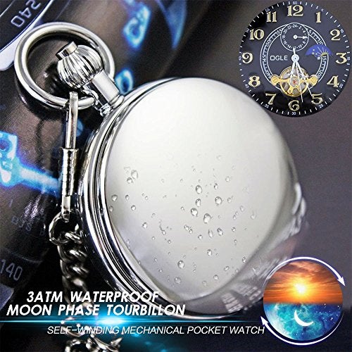 OGLE Waterproof Distorting Mirror Tourbillon Phases Sun Moon Chain Fob Skeleton Automatic Mechanical Pocket Watch (Silver Black) - Image 2