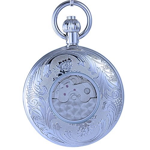 OGLE Waterproof Distorting Mirror Tourbillon Phases Sun Moon Chain Fob Skeleton Automatic Mechanical Pocket Watch (Silver Black) - Image 5