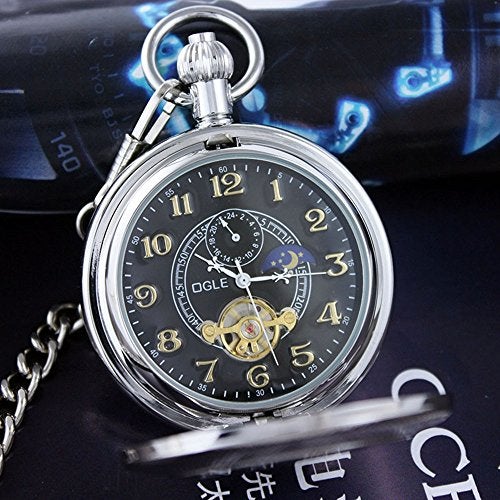 OGLE Waterproof Distorting Mirror Tourbillon Phases Sun Moon Chain Fob Skeleton Automatic Mechanical Pocket Watch (Silver Black) - Image 3