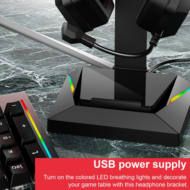 قاعدة عتاد سماعات الألعاب باللون الأسود من سبائك ABS - حامل سماعات رأس بمصابيح التنفس LED ومضخمات USB Type-C وقاعدة غير انزلاقية وقاعدة هاتف محمول لمحطة الألعاب المكتبية - Image 2