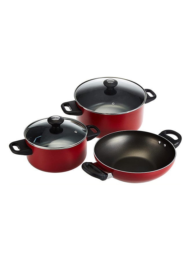 Prestige 14-Piece Classique Pro Aluminium Non Stick Interior Durable & Light Weight Cookware Set Includes 14 cm milk pan, 14 cm covered sauce pan, 20 cm covered casserole, 26 cm covered casserole, 26 cm open wok, 22 cm open fry pan, 26 cm open fry pan, chopping board, Prestige basic solid spoon, regular turner and solid skimmer & 4 liter Pressure Cooker Black/Red/Silver 26cm - Image 5