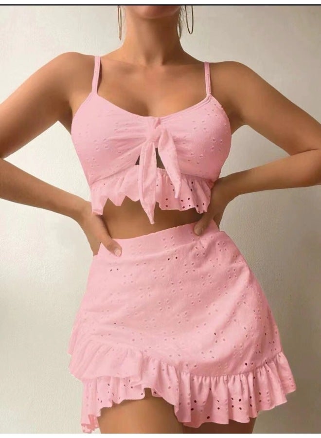 Generic Swimwear European And American Beach Dress Bikini Three-piece Swimwear Conservative Swimwear Women Wholesale-Color:Pink (can Be Customized)-Size:S - Image 1