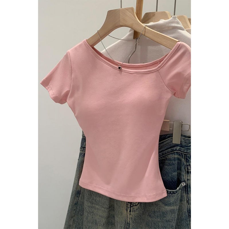 2025 Elegant Spice Girl Short-Sleeved T-Shirt With Chest Pad Women'S Summer Commuter New Slim-Fit Inclined Shoulder Short Shoulder - Image 2