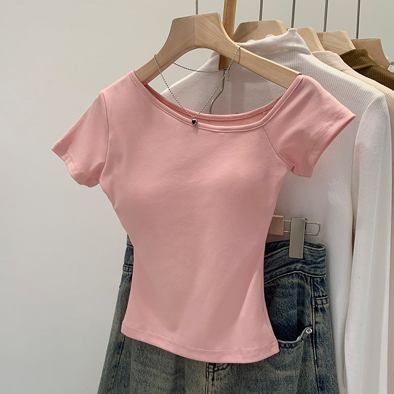2025 Elegant Spice Girl Short-Sleeved T-Shirt With Chest Pad Women'S Summer Commuter New Slim-Fit Inclined Shoulder Short Shoulder - Image 3