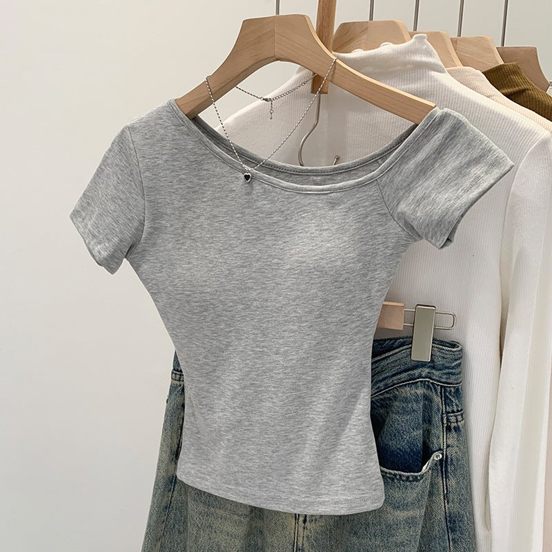 2025 Elegant Spice Girl Short-Sleeved T-Shirt With Chest Pad Women'S Summer Commuter New Slim-Fit Inclined Shoulder Short Shoulder - Image 4