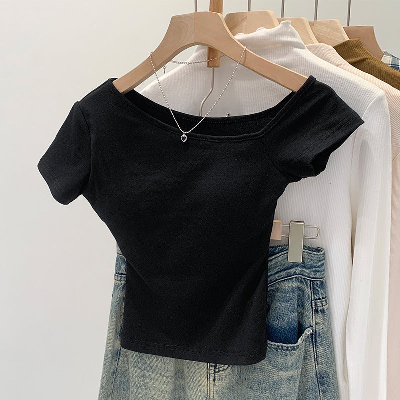 2025 Elegant Spice Girl Short-Sleeved T-Shirt With Chest Pad Women'S Summer Commuter New Slim-Fit Inclined Shoulder Short Shoulder - Image 5