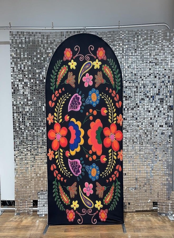 FiVan Spandex Arch Covers Stretchy Curved Backdrop Mexico Flower Black Background Cover for Day of The Dead Festival Decoration (Width=48"(120cm),Height=85"(210cm),FUS-Arch-GX-1044) - Image 2