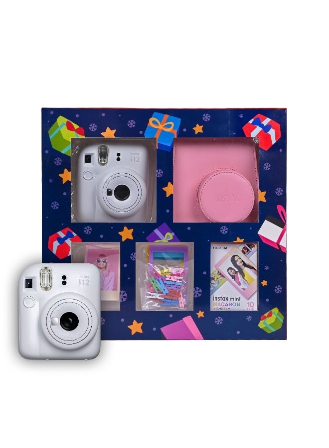 Instax Mini 12 Christmas Gift Box – White Instant Mini 12 Camera with Pink Case, Macron Mini Film, Photo Frame, Pegs and Batteries – Perfect Christmas Gift for Kids, Teens, and Adults - Image 1
