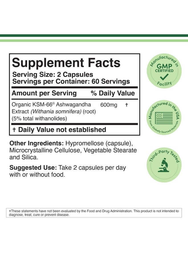 Double Wood Supplements Ashwagandha KSM 66 Organic and Clinically Studied Extract (600mg Per Serving, 120 Capsules, 60 Servings) Adaptogen Cortisol Manager for Women and Men - Image 2
