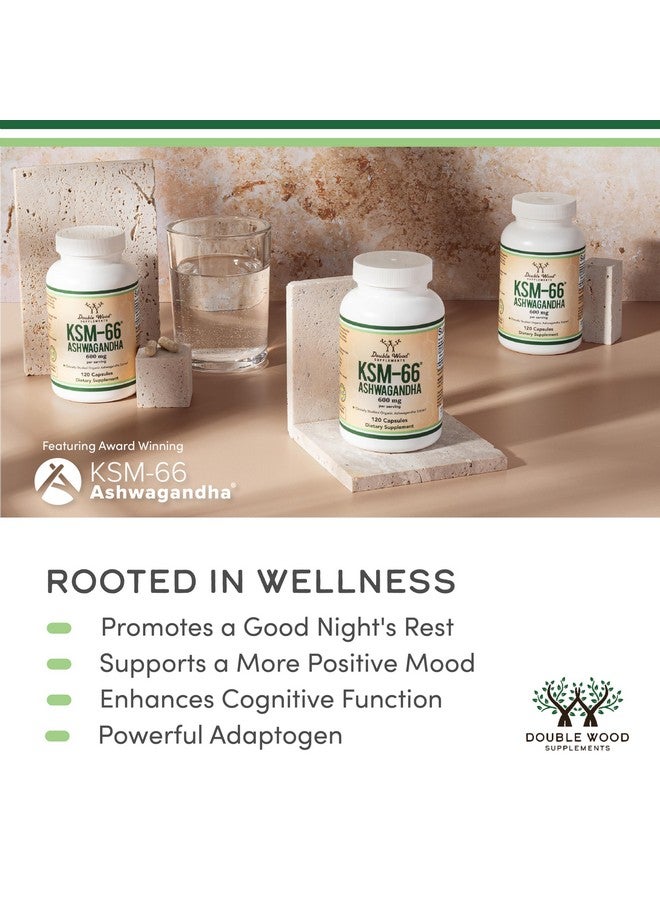 Double Wood Supplements Ashwagandha KSM 66 Organic and Clinically Studied Extract (600mg Per Serving, 120 Capsules, 60 Servings) Adaptogen Cortisol Manager for Women and Men - Image 4