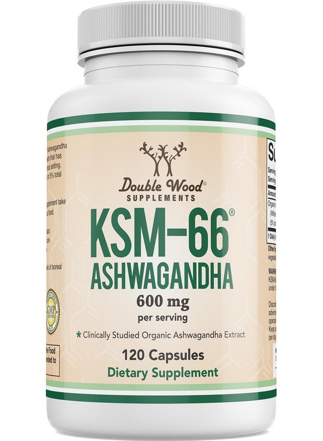 Double Wood Supplements Ashwagandha KSM 66 Organic and Clinically Studied Extract (600mg Per Serving, 120 Capsules, 60 Servings) Adaptogen Cortisol Manager for Women and Men - Image 1