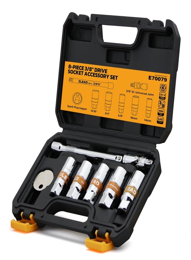 ELEAD طقم مفاتيح ربط شمعات الإشعال مكون من 8 قطع، مقاس 3/8 بوصة، مع وصلة عالمية، ومقياس فجوة شمعات الإشعال، وقضيب تمديد بطول 6 بوصات، بمقاسات SAE ومترية، 5/8 بوصة، 3/4 بوصة، 13/16 بوصة، 14 مم، 18 مم، مفاتيح ربط من الكروم والفاناديوم مع حلقات تثبيت مطاطية. - Image 1