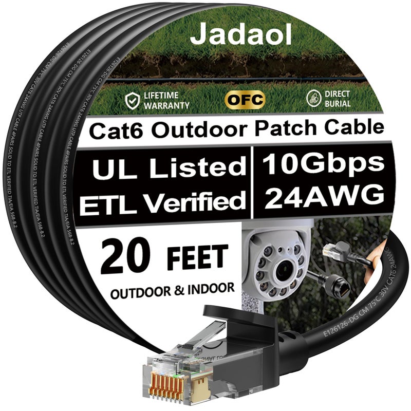 Jadaol Cat 6 Ethernet Cable 20ft, Outdoor&Indoor, 10Gbps Support Cat8/7 Network, 24AWG Pure Copper Patch LAN Cord, Direct Burial Waterproof In-Ground UV Resistant for Router, Modem, Switch, POE, Black - Image 1