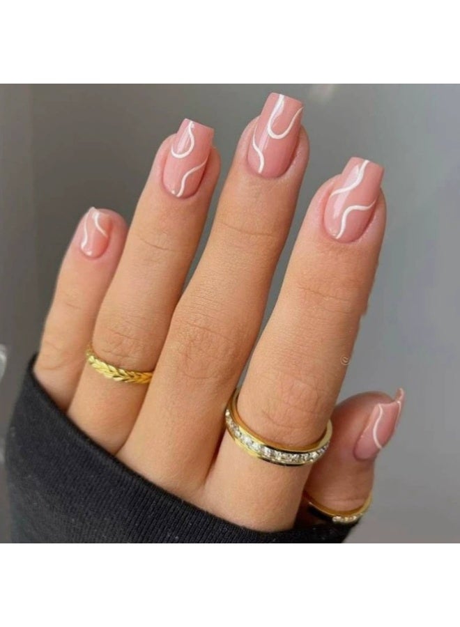 Goolsky Premium Press-on Nails with Pink Base & White Wavy Lines for Minimalist Chic