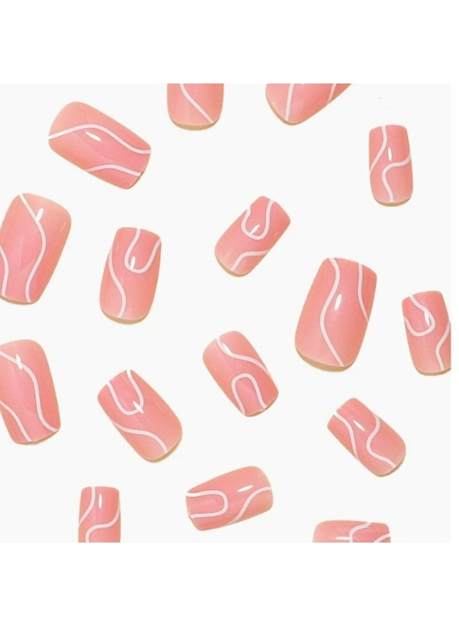 Goolsky أظافر ضغط فاخرة بقاعدة وردية وخطوط متموجة بيضاء لأناقة بسيطة - Image 2