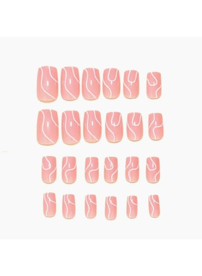 Goolsky أظافر ضغط فاخرة بقاعدة وردية وخطوط متموجة بيضاء لأناقة بسيطة - Image 3