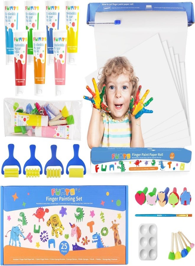 Funto Kids Washable Finger Paint Set, 25 PCS Non Toxic Art Painting Supplies for Baby, Includes Finger Paint Paper Roll, Brush Set, Arts Crafts for Toddlers Age 1-3 - Image 1