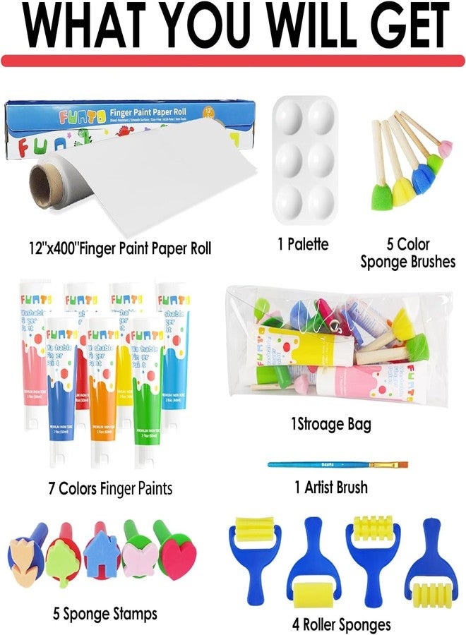 Funto Kids Washable Finger Paint Set, 25 PCS Non Toxic Art Painting Supplies for Baby, Includes Finger Paint Paper Roll, Brush Set, Arts Crafts for Toddlers Age 1-3 - Image 2