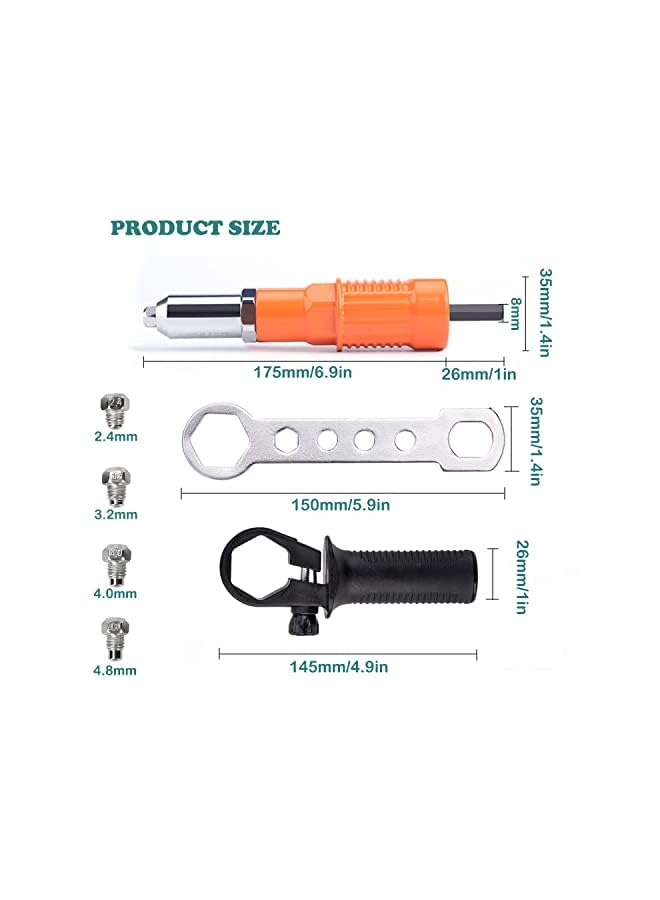 KEWAYO Rivet Gun Adapter, Cordless Drill Adapter Rivet Tool Insert Nut Hand Tool Kit Drill Adapter with Aluminum Casting Housing, Non-slip Handle, Convertible Head and Wrench - Image 4