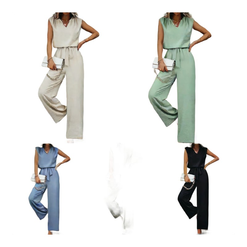 Women's V-Neck Sleeveless Vest and Loose Tie-Waist Wide-Leg Pants Casual Set - Image 1