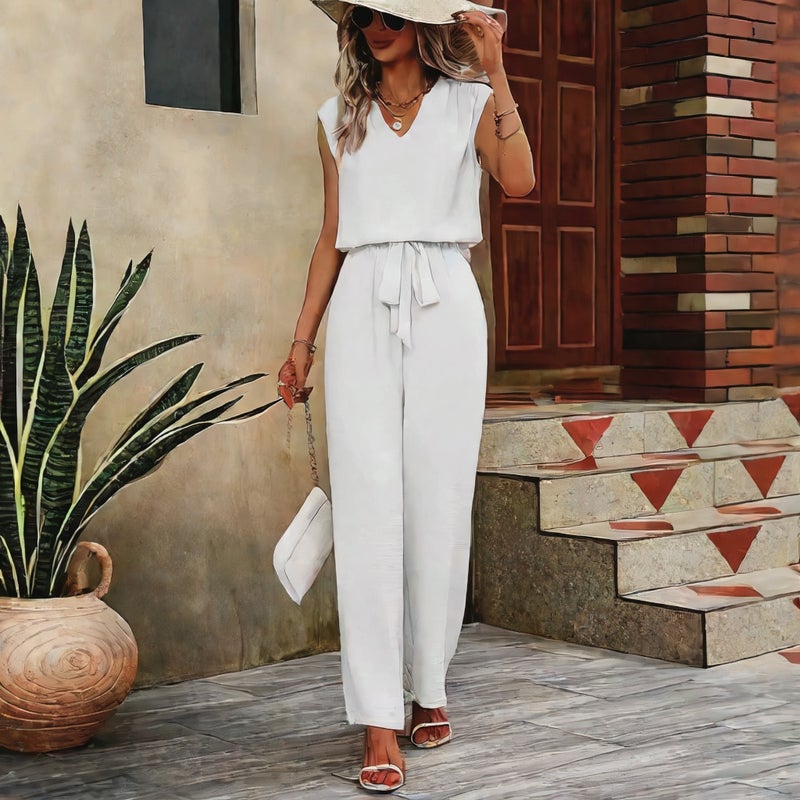 Women's V-Neck Sleeveless Vest and Loose Tie-Waist Wide-Leg Pants Casual Set - Image 3