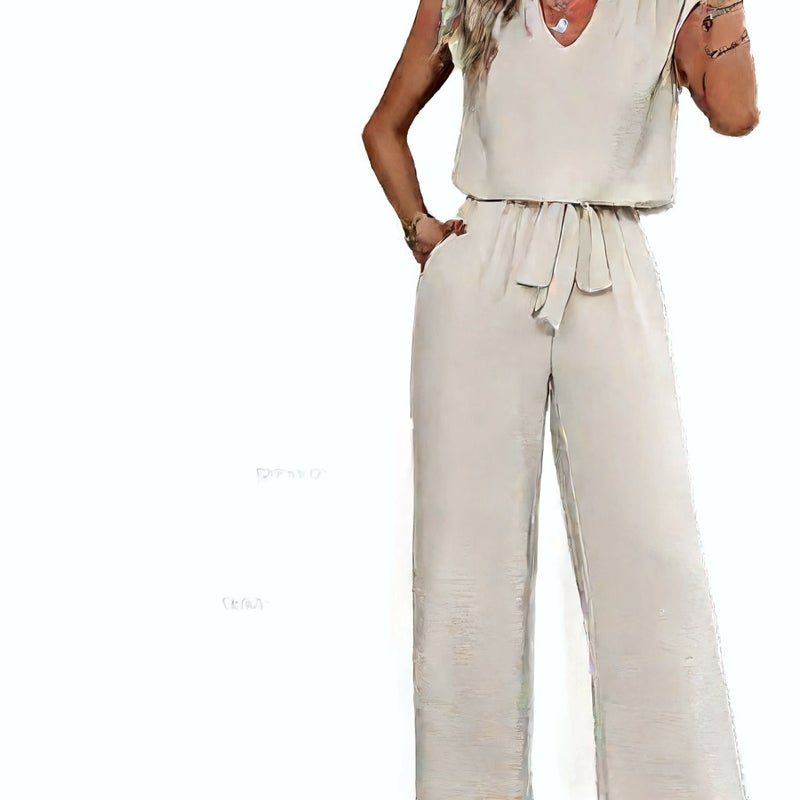 Women's V-Neck Sleeveless Vest and Loose Tie-Waist Wide-Leg Pants Casual Set - Image 5