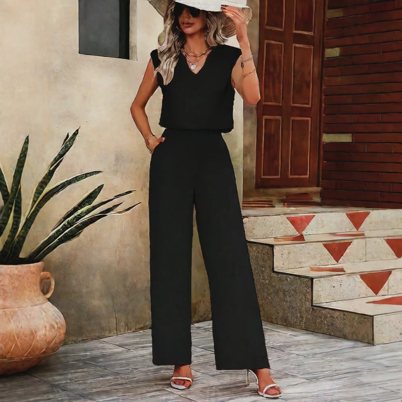 Women's V-Neck Sleeveless Vest and Loose Tie-Waist Wide-Leg Pants Casual Set - Image 4