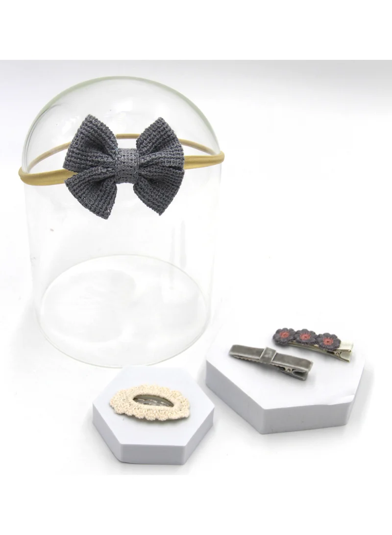 D'Daniela Eira Ribbon Bow Clip Set with Ponytail For Babies and Girls - Bluish Grey