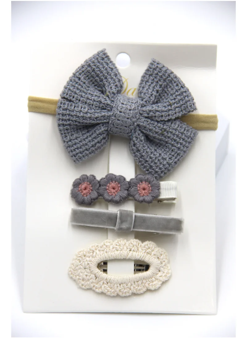 دىدانيالا Eira Ribbon Bow Clip Set with Ponytail For Babies and Girls - Bluish Grey