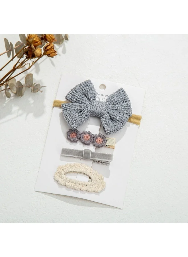 D'Daniela DDaniela- Eire Ribbon Bow Clip Set with Ponytail For Babies and Girls - Bluish Grey