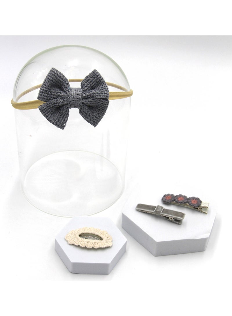 D'Daniela DDaniela- Eire Ribbon Bow Clip Set with Ponytail For Babies and Girls - Bluish Grey - Image 4
