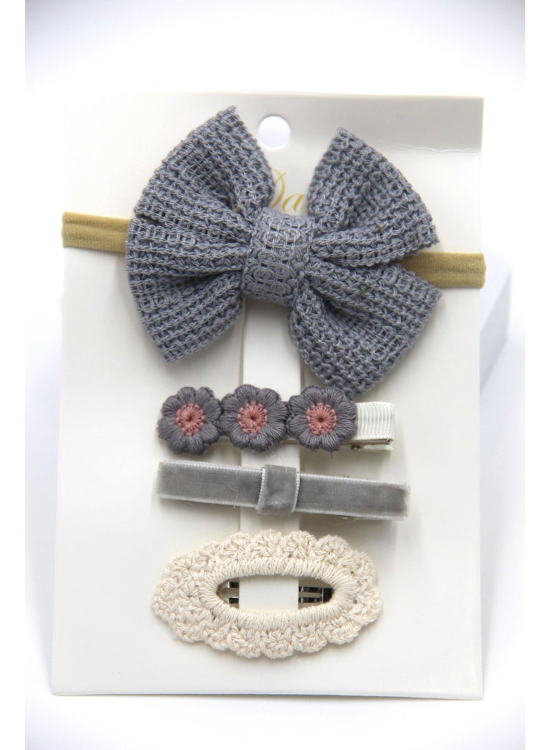 D'Daniela DDaniela- Eire Ribbon Bow Clip Set with Ponytail For Babies and Girls - Bluish Grey - Image 1