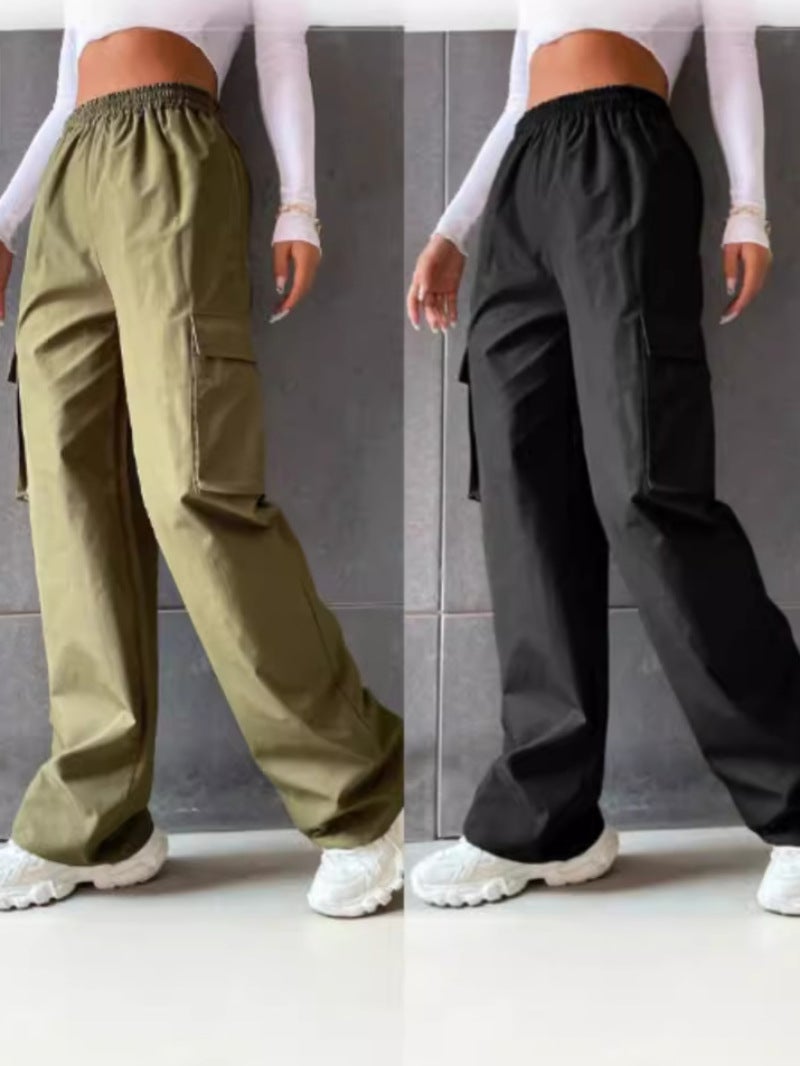 2024 Women'S Summer Explosions Solid Color Elastic Waist Flap Pocket Loose Overalls - Image 1