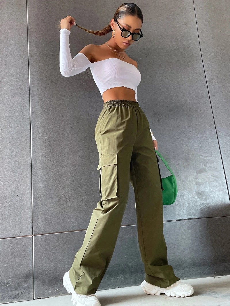 2024 Women'S Summer Explosions Solid Color Elastic Waist Flap Pocket Loose Overalls - Image 3