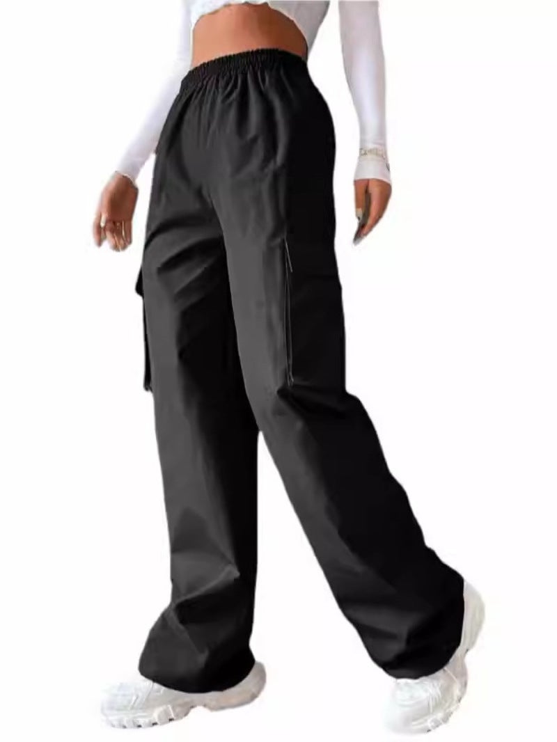2024 Women'S Summer Explosions Solid Color Elastic Waist Flap Pocket Loose Overalls - Image 5