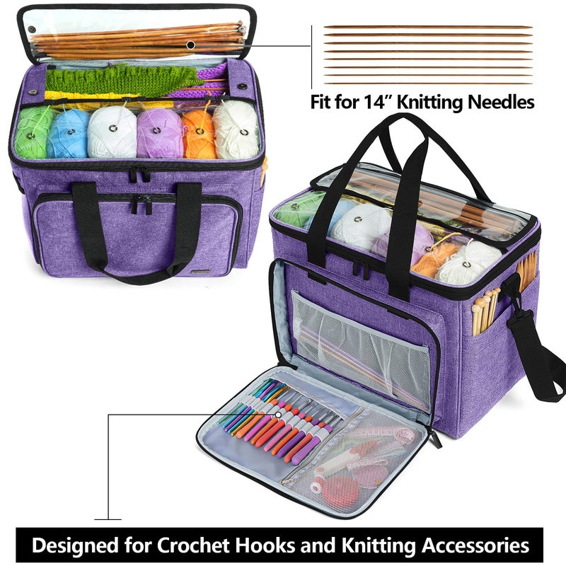 Teamoy Knitting Bag, Yarn Tote Organizer with Inner Divider (Sewn to Bottom) for Crochet Hooks, Knitting Needles(Up to 14”), Project and Supplies, Purple -No Accessories Included - Image 3