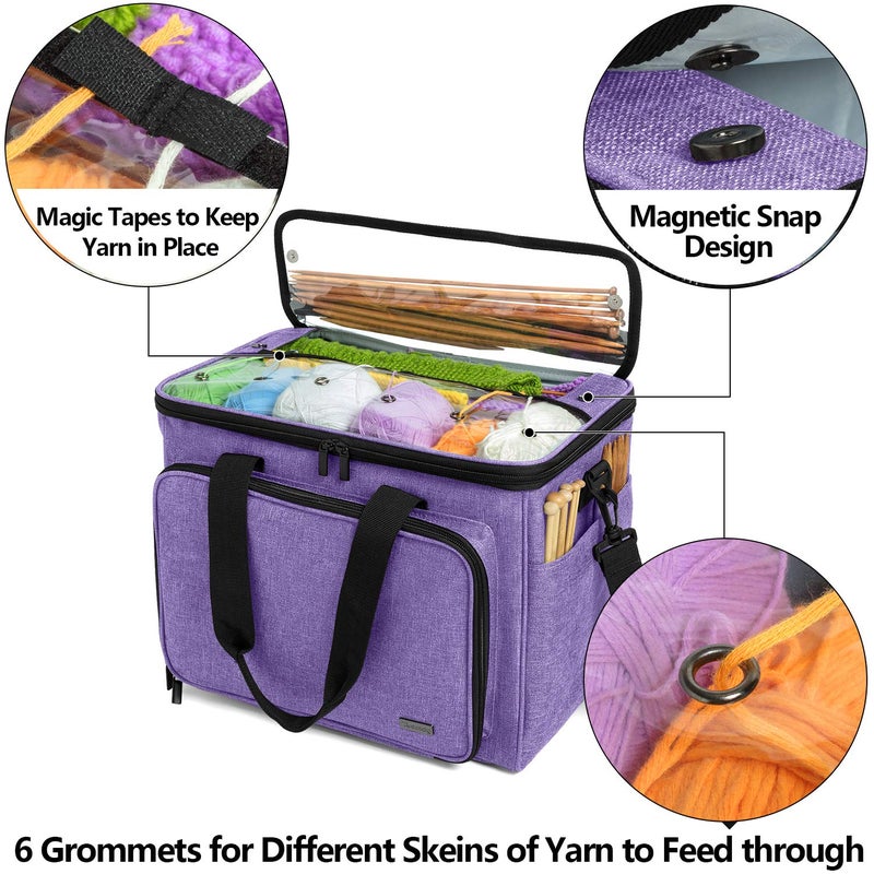 Teamoy Knitting Bag, Yarn Tote Organizer with Inner Divider (Sewn to Bottom) for Crochet Hooks, Knitting Needles(Up to 14”), Project and Supplies, Purple -No Accessories Included - Image 2