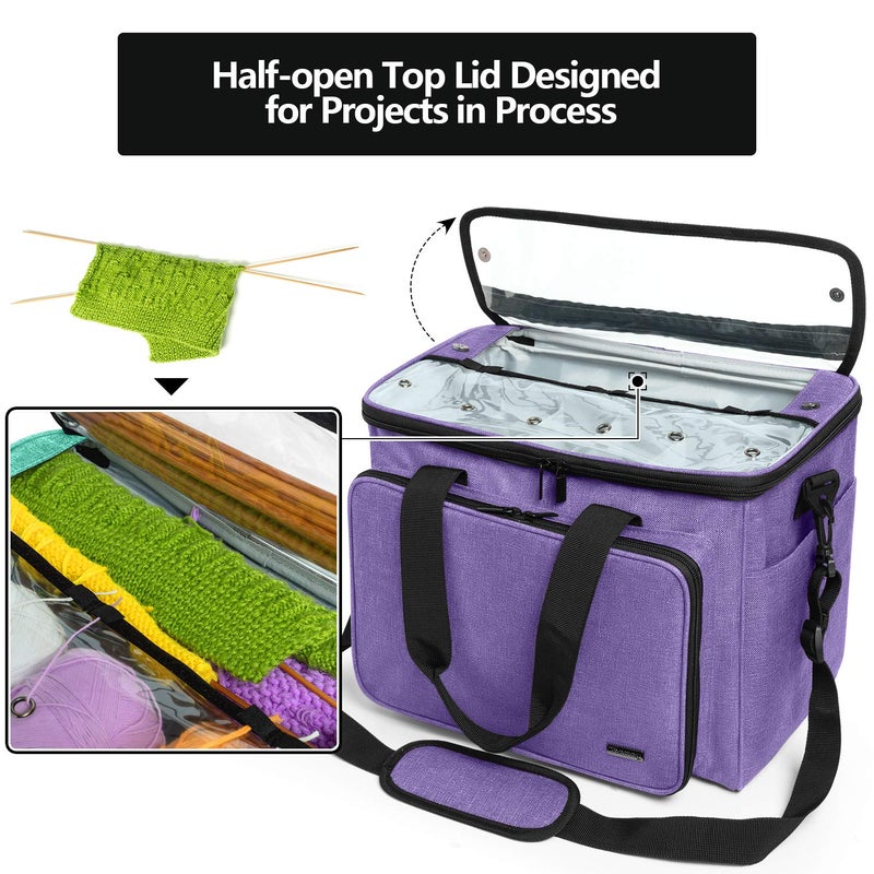 Teamoy Knitting Bag, Yarn Tote Organizer with Inner Divider (Sewn to Bottom) for Crochet Hooks, Knitting Needles(Up to 14”), Project and Supplies, Purple -No Accessories Included - Image 4