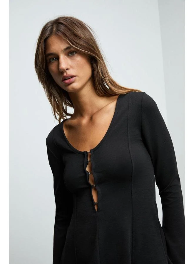 GRIMELANGE MARIVENA Women's V-Neck Dress with Agraffe Detail, Long Spanish Sleeves, Cuff Slit, Mini Black Dress.